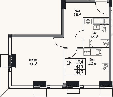 Планировка: 1-к, 44,7 м²