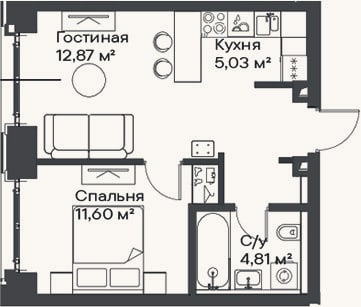 Планировка: 2-к, 39,2 м²