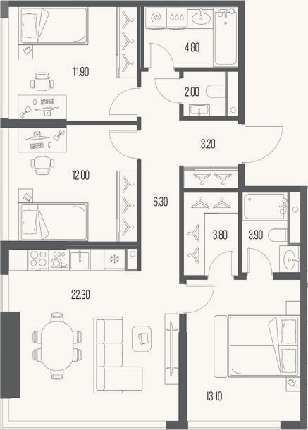Планировка: 3-к, 83,3 м²