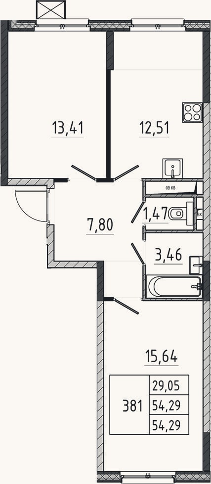 Планировка: 2-к, 54,3 м²