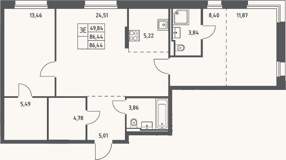 Планировка: 3-к, 86,4 м²