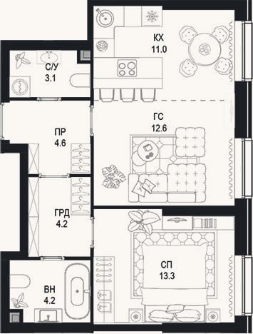 Планировка: 2-к, 53 м²