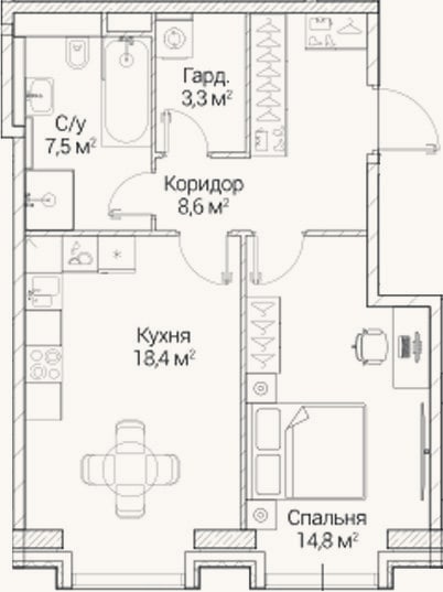 Планировка: 1-к, 51,9 м²