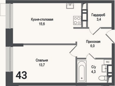 Планировка: 2-к, 43 м²