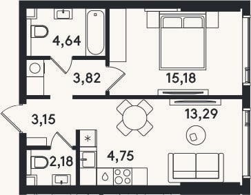 Планировка: 2-к, 47 м²