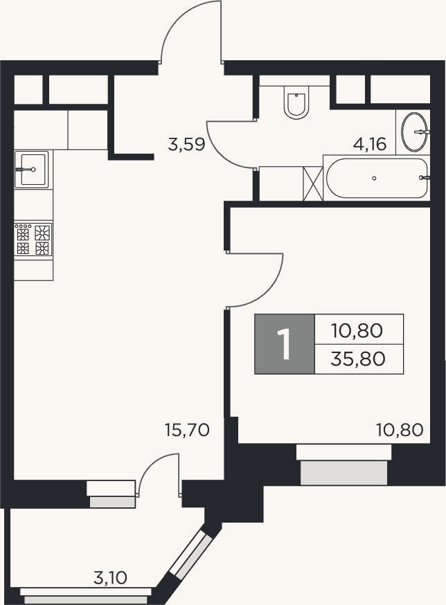 Планировка: 2-к, 34,3 м²