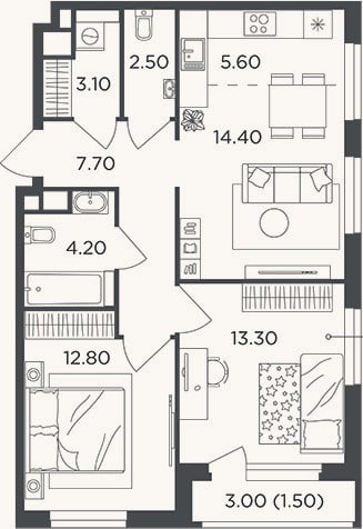 Планировка: 3-к, 63,6 м²