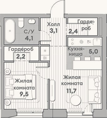 Планировка: 2-к, 38 м²