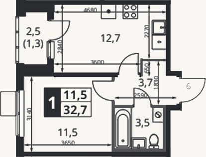 Планировка: 1-к, 31,4 м²