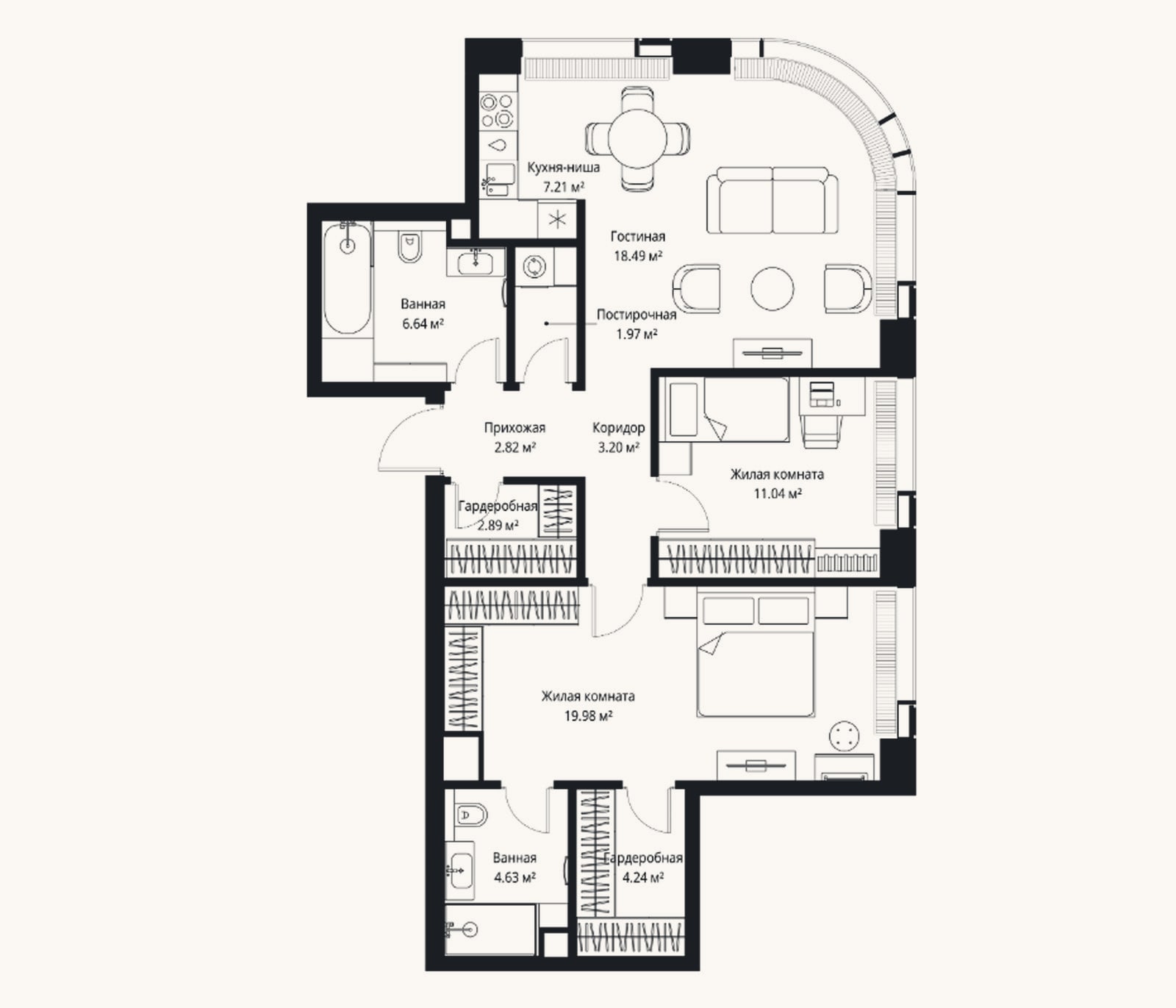 Планировка: 3-к, 83,1 м²