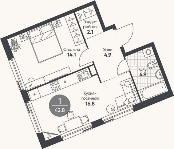 Планировка: 2-к, 42,8 м²