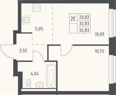 Планировка: 2-к, 32,8 м²