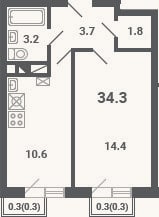 Планировка: 1-к, 33,7 м²