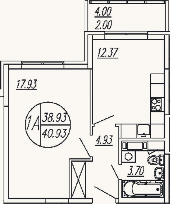 Планировка: 1-к, 38,9 м²