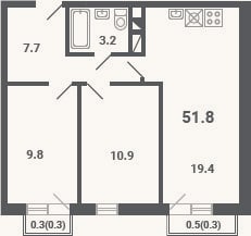 Планировка: 3-к, 51 м²