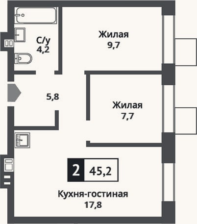 Планировка: 3-к, 45,2 м²