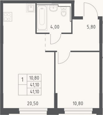 Планировка: 2-к, 41,1 м²