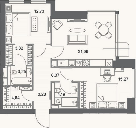 Планировка: 2-к, 75,5 м²