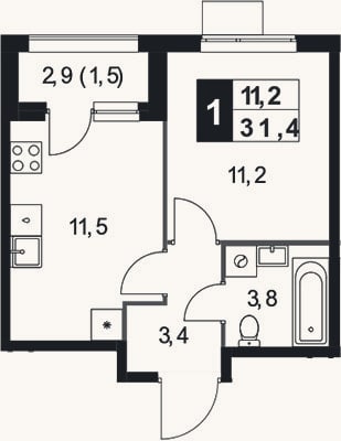 Планировка: 1-к, 29,9 м²