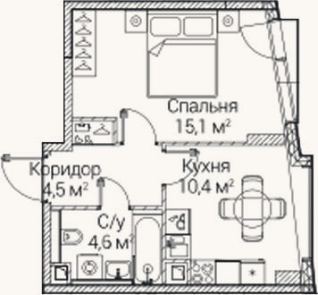 Планировка: 1-к, 34,6 м²