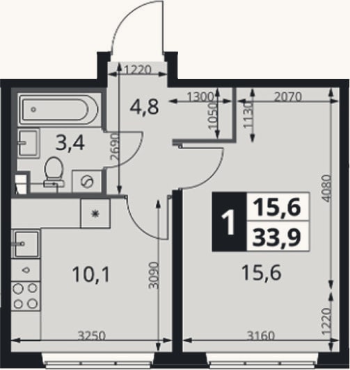 Планировка: 1-к, 33,9 м²