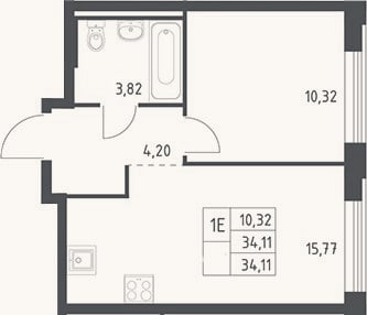 Планировка: 2-к, 34,1 м²