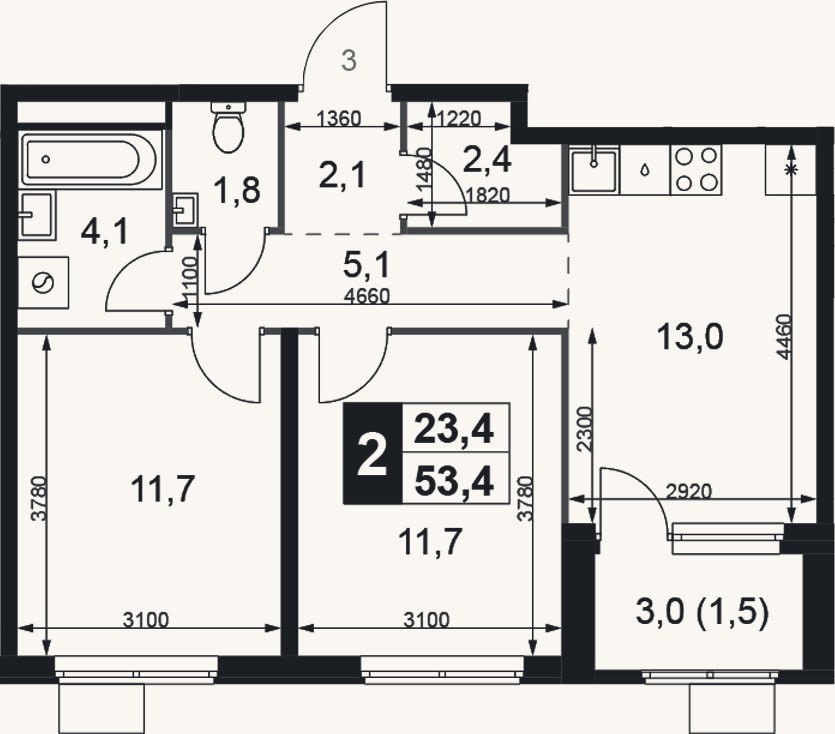 Планировка: 2-к, 51,9 м²