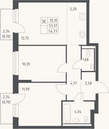 Планировка: 3-к, 53,4 м²