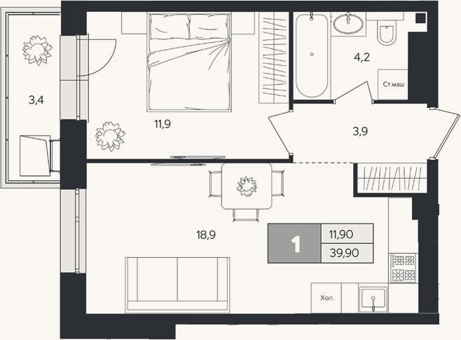 Планировка: 1-к, 38,9 м²