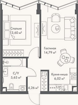 Планировка: 2-к, 44,3 м²