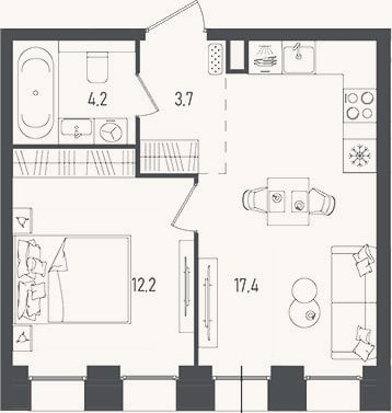 Планировка: 2-к, 37,5 м²