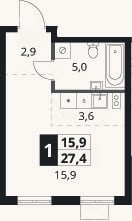 Планировка: Студия, 27,4 м²