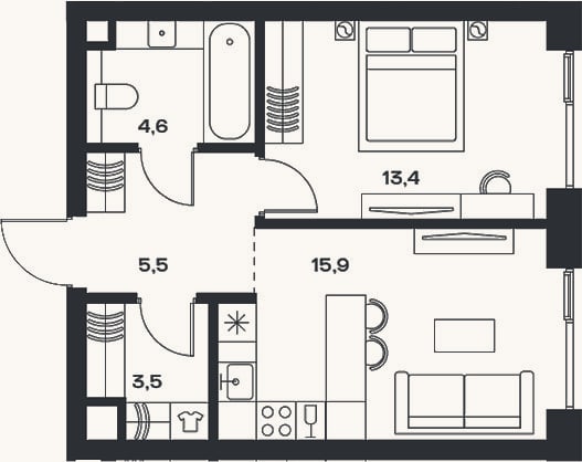 Планировка: 2-к, 44,9 м²