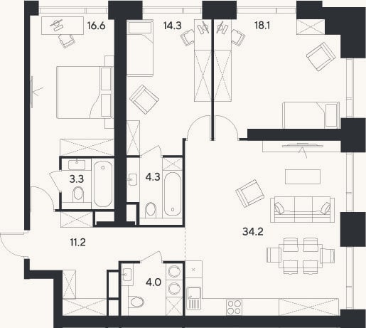 Планировка: 4+ к, 106 м²