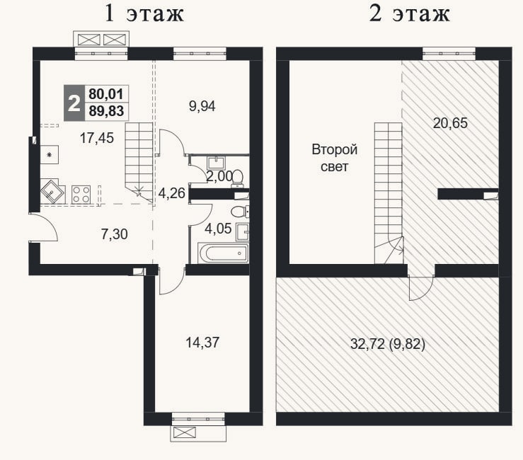 Планировка: 2-к, 80 м²