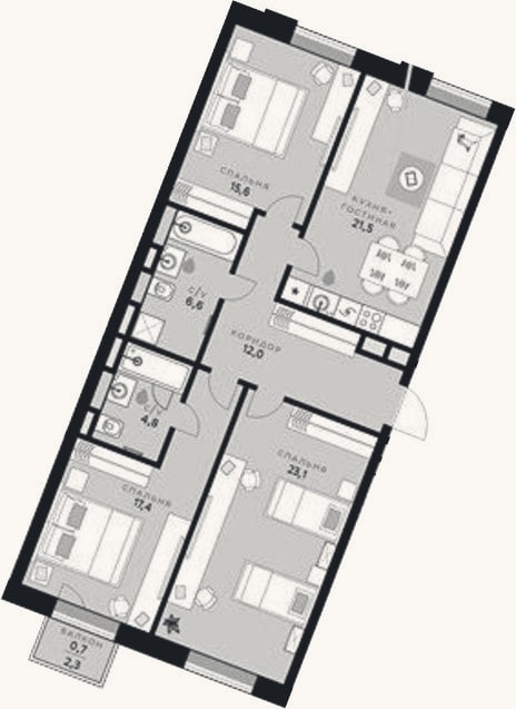 Планировка: 3-к, 101 м²