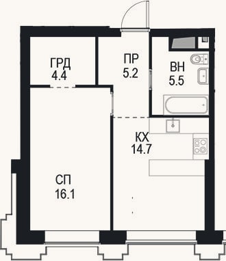 Планировка: 1-к, 45,9 м²