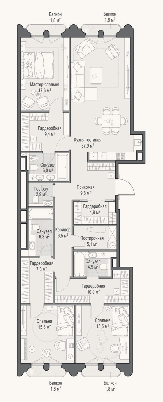 Планировка: 4+ к, 163,6 м²