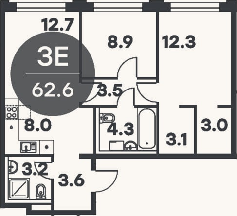 Планировка: 3-к, 62,6 м²