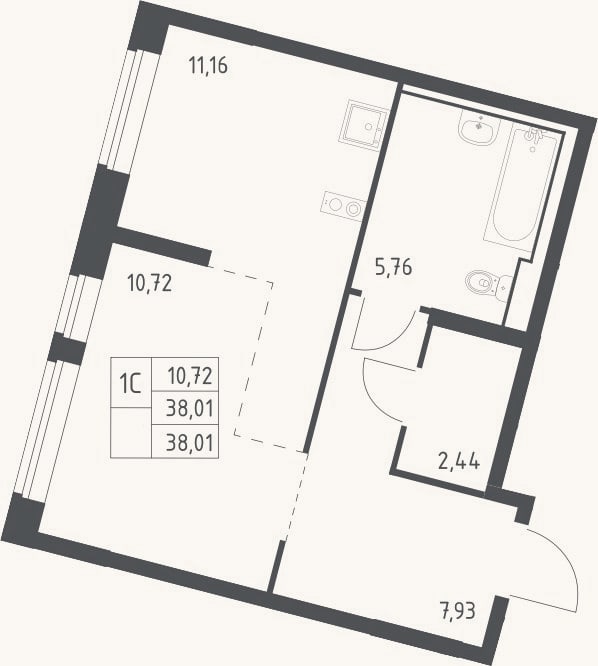 Планировка: 1-к, 38 м²