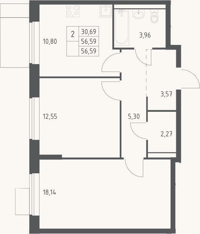 Планировка: 2-к, 56,6 м²