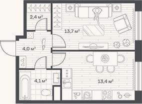 Планировка: 1-к, 37,6 м²