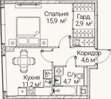 Планировка: 1-к, 39,3 м²