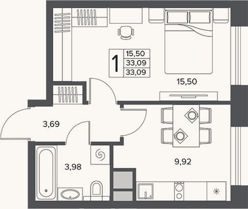 Планировка: 1-к, 33,1 м²