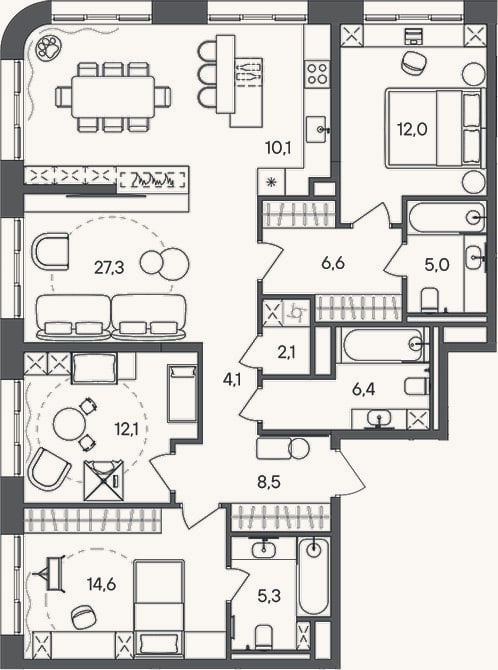 Планировка: 4+ к, 114,1 м²