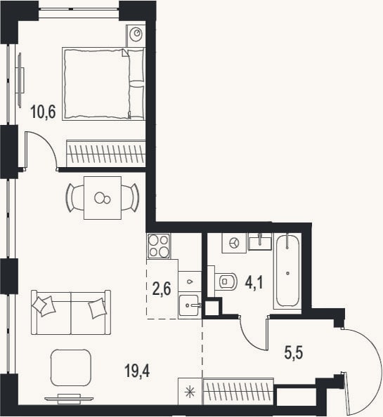 Планировка: 2-к, 42,2 м²