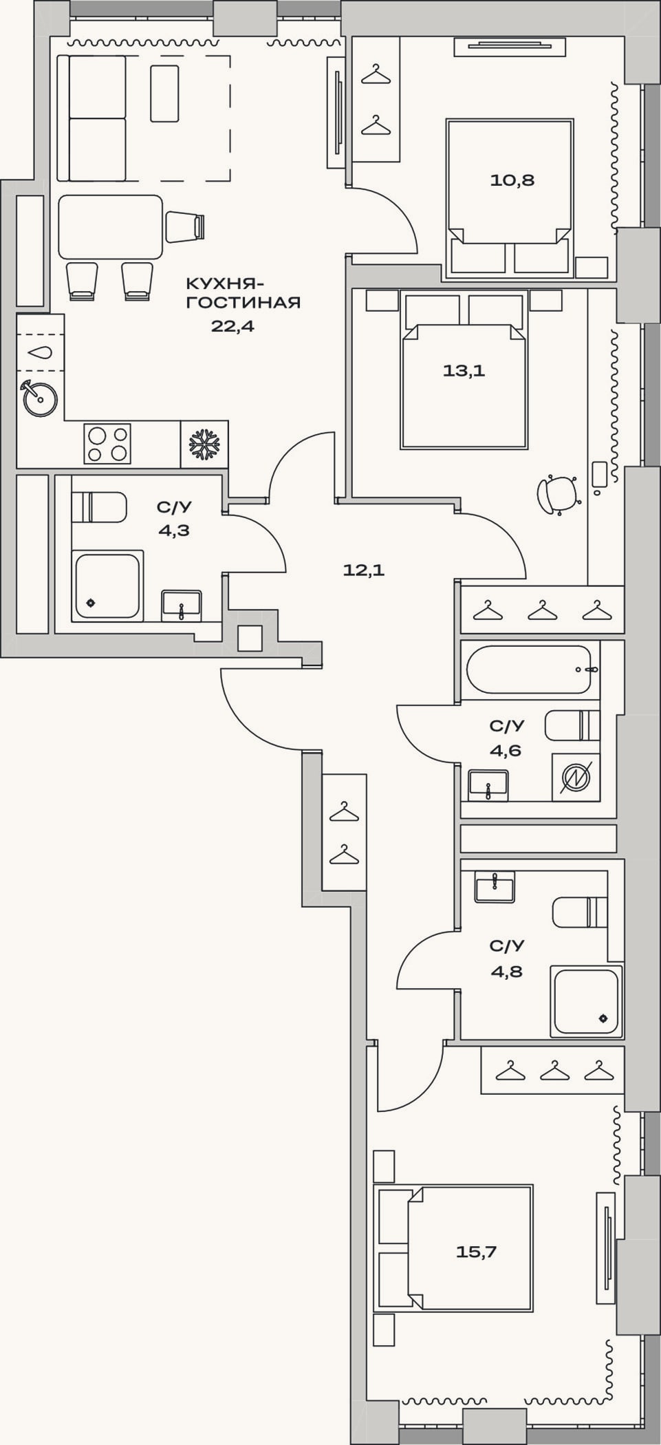 Планировка: 4+ к, 87,8 м²
