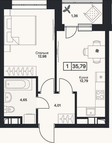 Планировка: 1-к, 34,4 м²