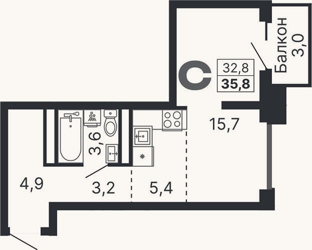 Планировка: Студия, 32,8 м²