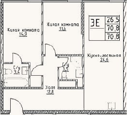 Планировка: 3-к, 70,8 м²
